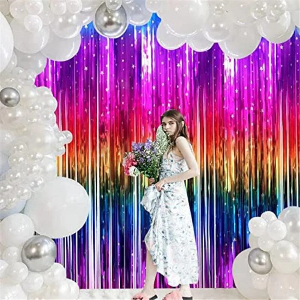 rainbow tinsel foil fringe curtains party decorations photo booth backdrop 2 pac